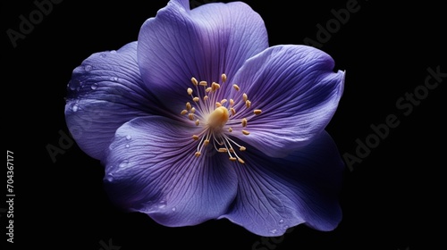 A delicate violet captured in exquisite detail against a solid black backdrop.