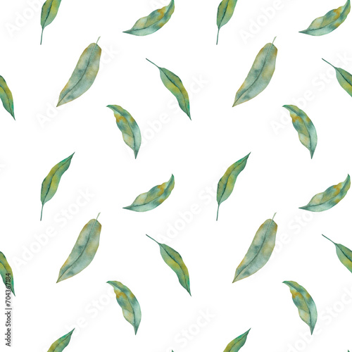 Seamless watercolor pattern with green leaves. Summer background with branches and leaves. Watercolor floral illustration on a white background