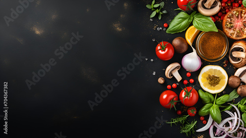 Raw ingredients for cooking. Mushrooms, vegetables, herbs, spices, olive oil on table. Food ready for cook. Preparing dinner. Top view background. Space for text., generative ai