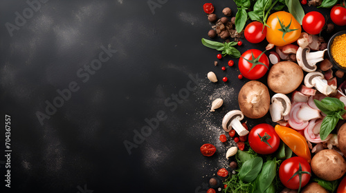 Raw ingredients for cooking. Mushrooms, vegetables, herbs, spices, olive oil on table. Food ready for cook. Preparing dinner. Top view background. Space for text., generative ai