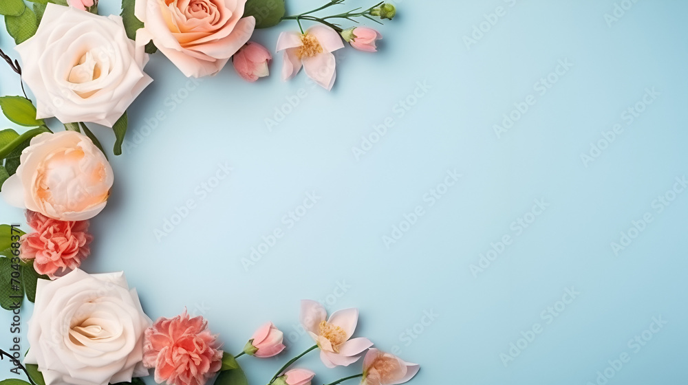 Flowers on light blue background with copy space , generative ai