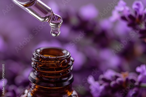 Drop of essential oil falling from a dropper into a glass bottle, with fresh lavender flowers in the background photo