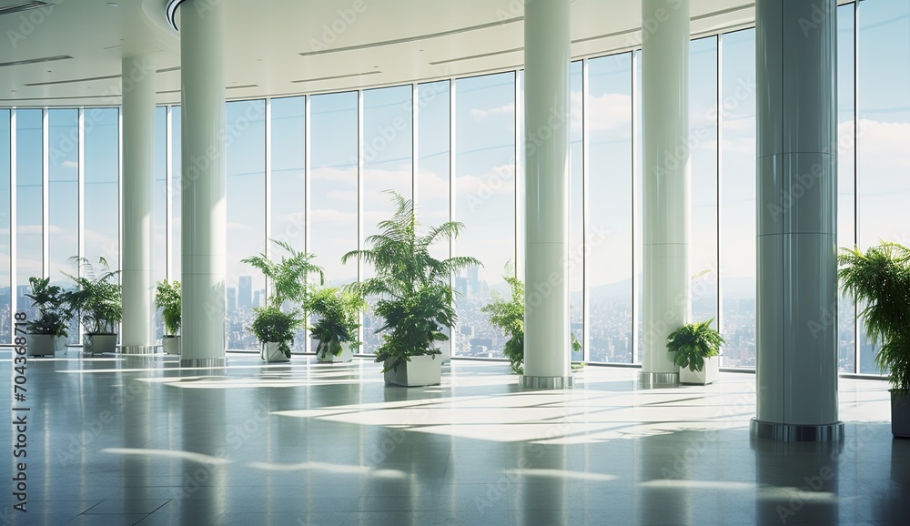 Fototapeta premium Large modern office space with potted plants and large windows