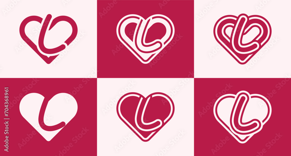 Set of heart logo with initial letter L. This logo combines letters and heart shapes with a red heart color. Suitable for dating apps, couples' anniversaries, valentines, weddings, and other love. - obrazy, fototapety, plakaty 