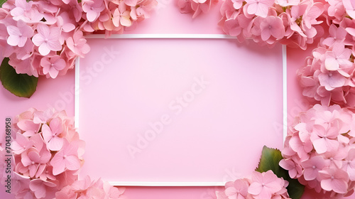 Frame of pink  flowers on pastel background with copy space, generative ai © Chaman