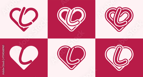 Set of heart logo with initial letter L. This logo combines letters and heart shapes with a red heart color. Suitable for dating apps, couples' anniversaries, valentines, weddings, and other love.