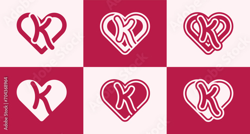 Set of heart logo with initial letter K. This logo combines letters and heart shapes with a red heart color. Suitable for dating apps, couples' anniversaries, valentines, weddings, and other love.