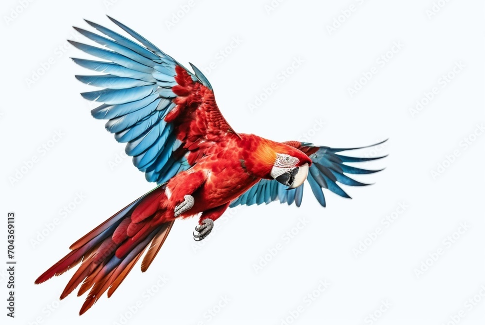 Fototapeta premium Flying red macaw isolated on white background. generative ai