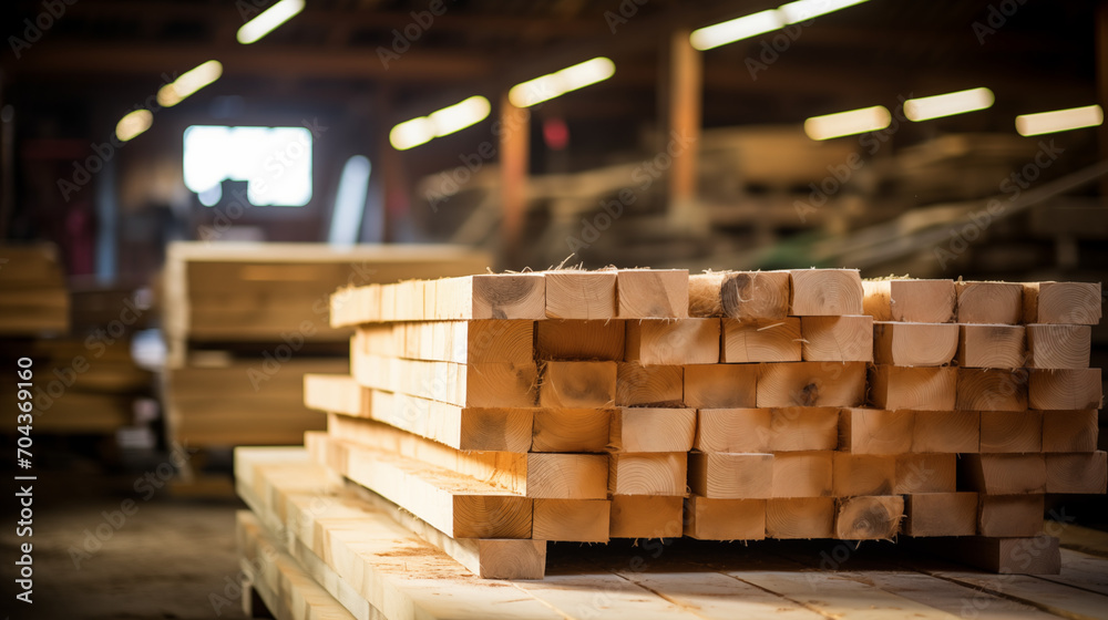 Timber in the warehouse of a sawmill, DIY store or joinery Timber in the warehouse of a sawmill, DIY store or joinery