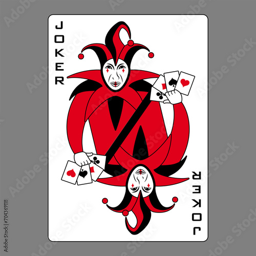 Carte à jouer du joker, symbolisé par un double bouffon tenant à la main 4 cartes d’as : cœur, trèfle, carreau et pique - taille standard du poker.