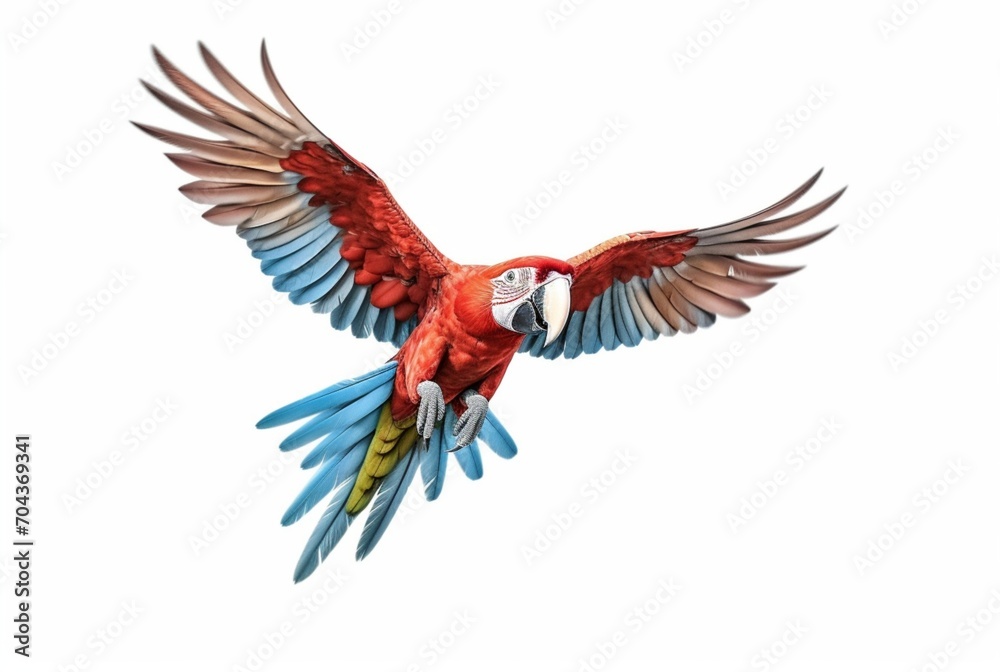 Obraz premium Flying red macaw isolated on white background. generative ai