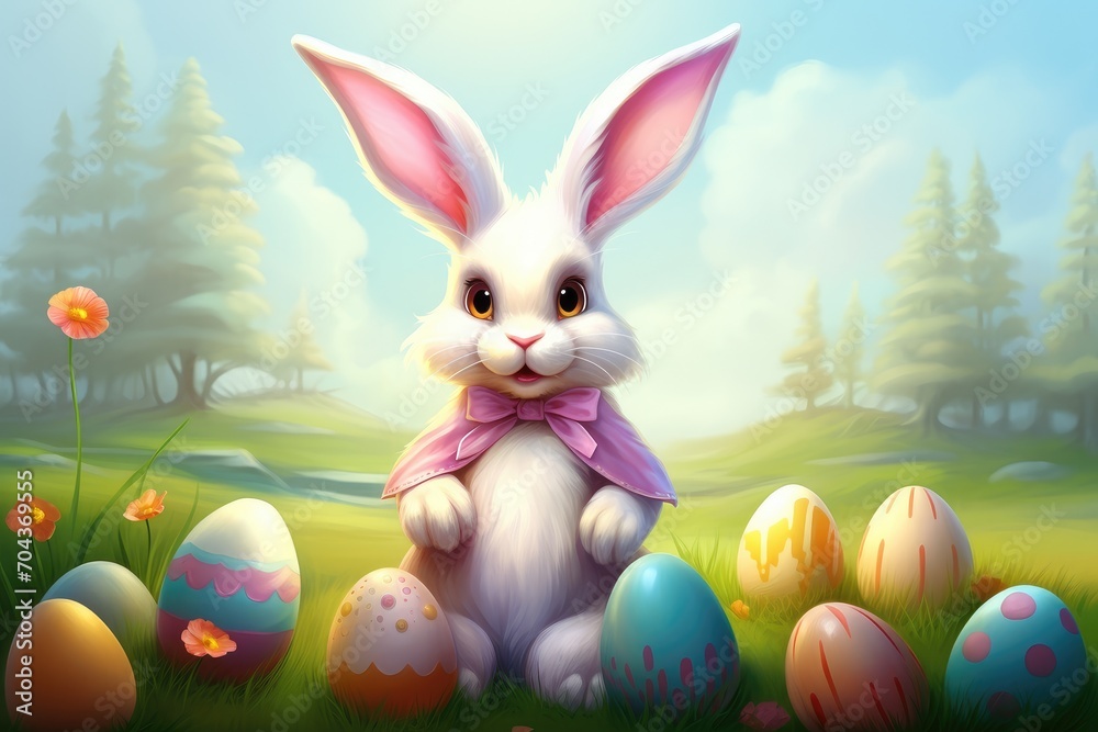 A Charming Bunny Amongst Easter Eggs and Blooms - Generative AI A Charming Bunny Amongst Easter Eggs and Blooms - Generative AI