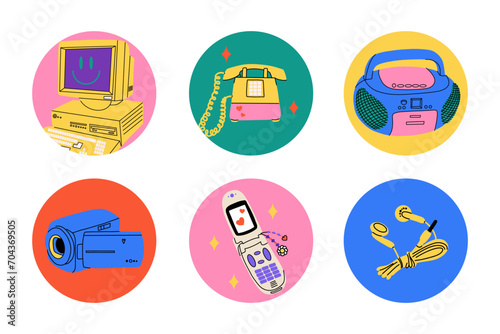 Retro electronics. Computer, flip phone and record player. Tamagochi, headphones and video, camera. Y2k cute stylish attributes. 1990s 2000s style Cartoon isolated vector nostalgia illustration