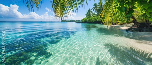 Ultra-wide banner  calm lagoon with crystal clear water  overhanging palm fronds  peaceful and soothing vibe