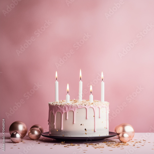 Pink cake with candles and desk decoration. Pink background celebration mode