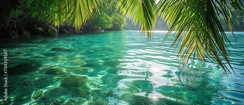 Ultra-wide banner  calm lagoon with crystal clear water  overhanging palm fronds  peaceful and soothing vibe