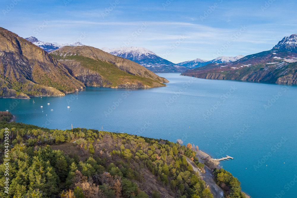 Mountain lake in autumn Aerial view. Serre-Poncon mountain lake in winter. Hautes Alpes, France