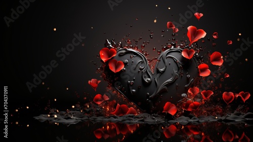 Chocolate Heart with Exploding Red Petals on Dark Background