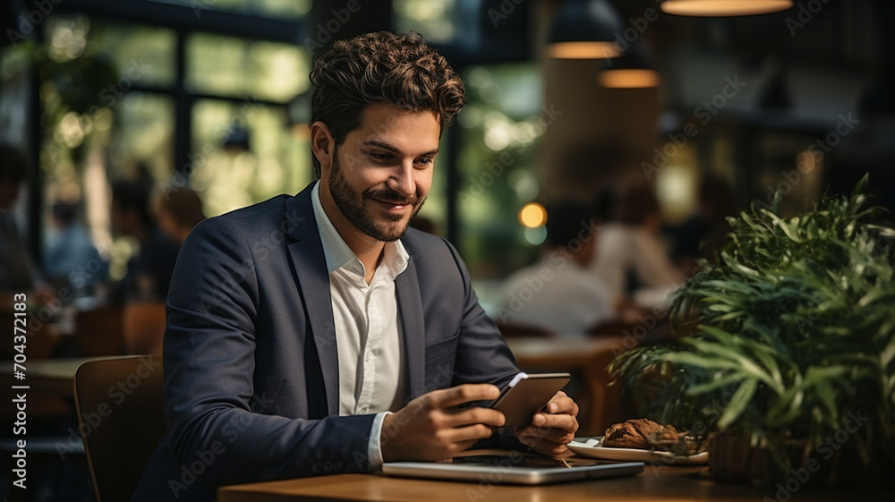 A young businessman is taking a break from work in a cafe in an office building A young businessman is taking a break from work in a cafe in an office building