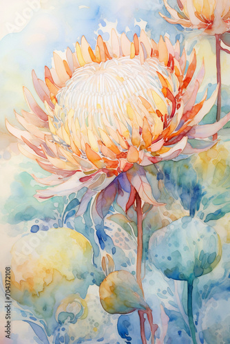 Watercolor illustration of protea flower in orange color. Printable floral wall art