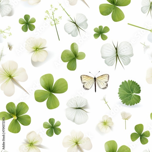 Botanical Collection with Clover and Butterfly on White Background