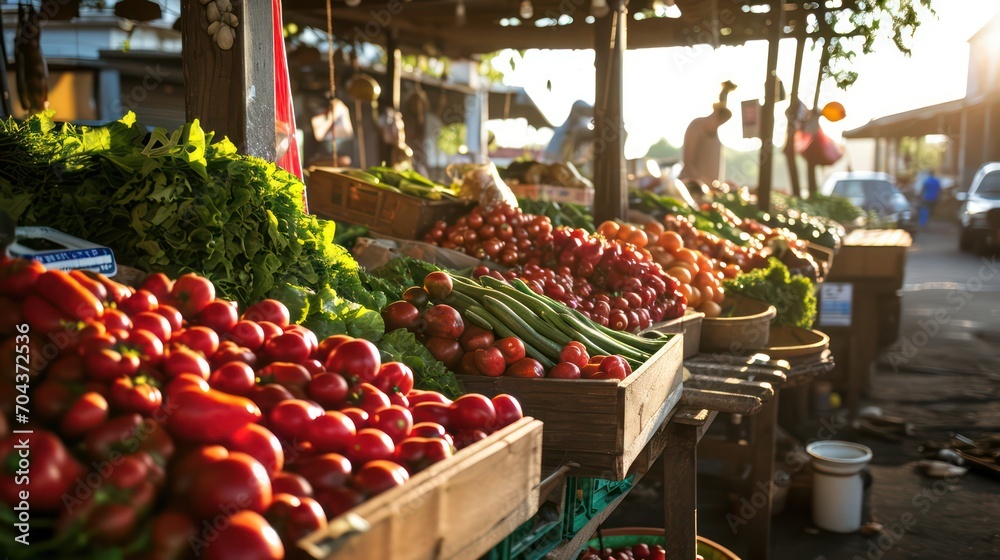 The enchanting dawn atmosphere at the farmer's market is complemented by stalls abundant with fresh products, providing a traditional morning market feel.
