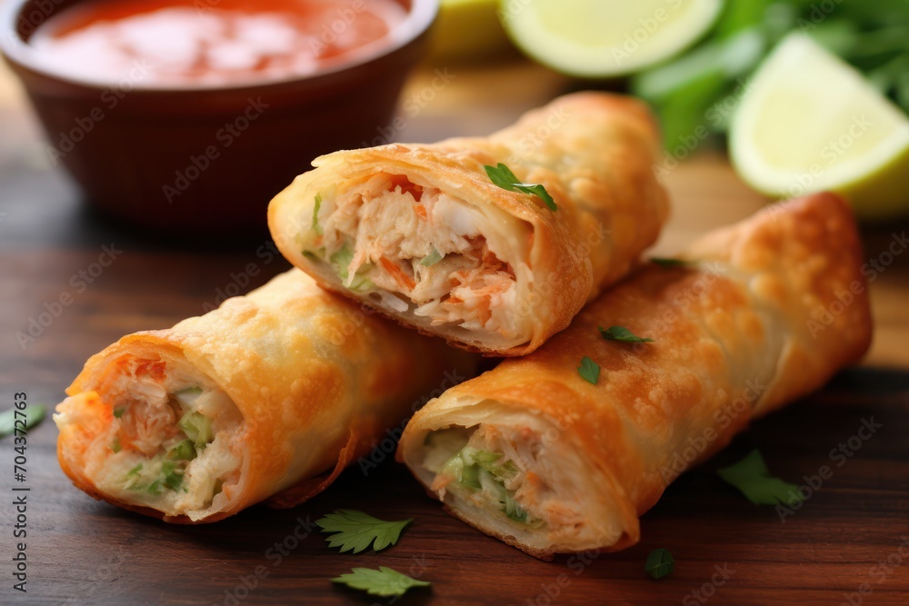 crab cake egg rolls festive christmas or easter appetizer with tomato sauce or ketchup crab cake egg rolls festive christmas or easter appetizer with tomato sauce or ketchup
