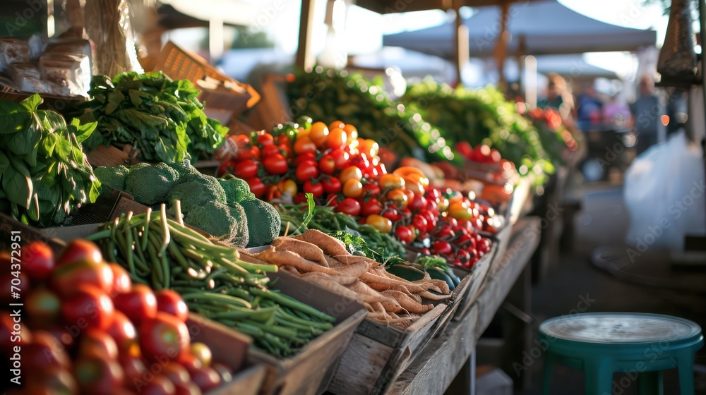 Experience the charming atmosphere of the farmer's market at dawn, where stalls are filled with an abundance of fresh products. A traditional morning market scene.
