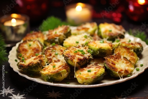 Parmesan cheese crusted brussels sprouts Christmas appetizer at candlelight family dinner © Dina