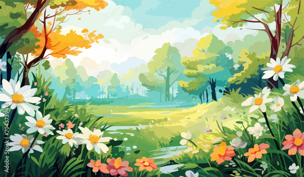 Countryside landscape with river and green meadows. Vector illustration.
