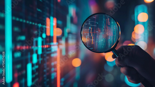 Business man holding magnifier glass with abstract stock graph background.Stock martker analysis concept.