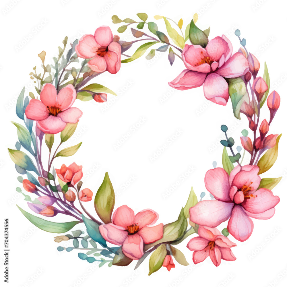 Fototapeta premium Watercolor floral wreath with pink sakura flowers on white background