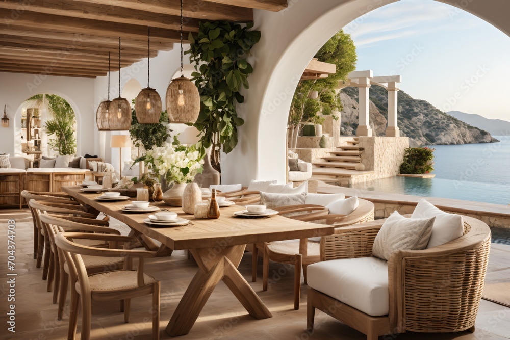 Luxury Mediterranean Villa Dining Room With Infinity Pool and Ocean Views