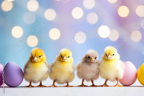 Cute little yellow chickens and easter eggs on bokeh background. copy space