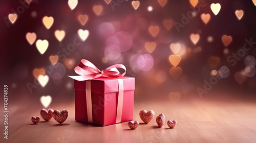 Valentines day bokeh background banner, red and pink hearts with gifts box background