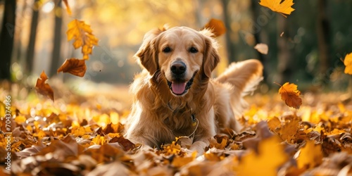 Cute golden retriever laying in autumn leaves with tongue out