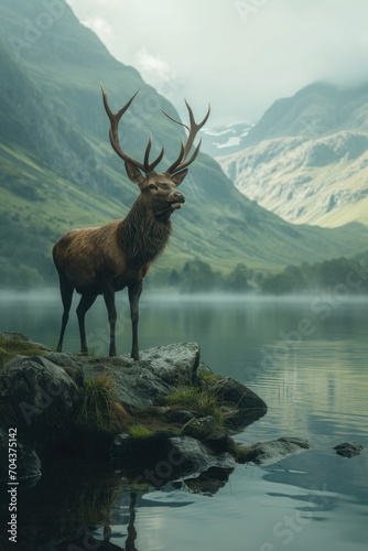 Close deer standing on mountain background in summer time. Animal in nature habitat