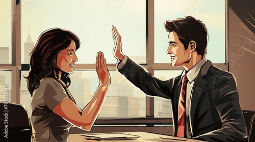 Diverse Corporate Team Celebrating Success with a High Five in Modern Office Environment - Achieving Goals Together in Business Partnership and Collaboration