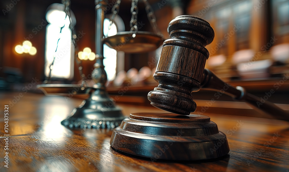 Symbol of justice: Wooden gavel and scales in the courtroom, representing legal authority and judgement Symbol of justice: Wooden gavel and scales in the courtroom, representing legal authority and judgement