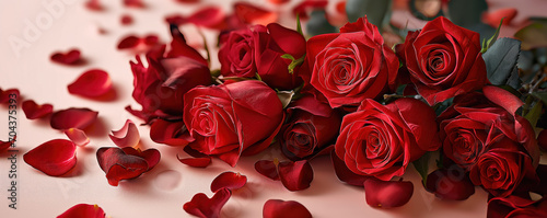 Blooming love for Mother s Day with red roses and heart-shaped petals spread on a soft pink background