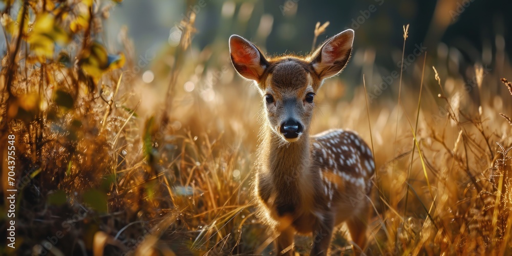 Young red deer, cervus elaphus, looking to the camera on grass in summer. Baby mammal with white dots walking on meadow Young red deer, cervus elaphus, looking to the camera on grass in summer. Baby mammal with white dots walking on meadow