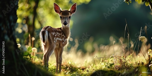 A beautiful white-tailed deer fawn standing in a meadow