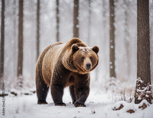 Brown bear in winter forest, walking. Snowfall, blizzard.