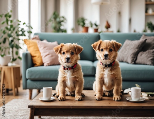 a cute puppy sitting on a coffee table in an apartment living room.