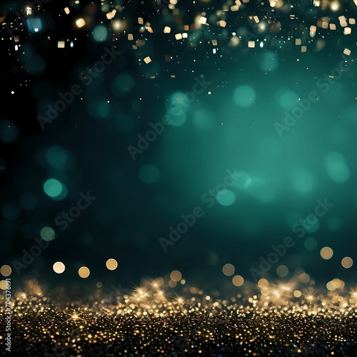 Abstract gold glitter on emerald background. Circle blurred bokeh. Festive backdrop for holiday or event 