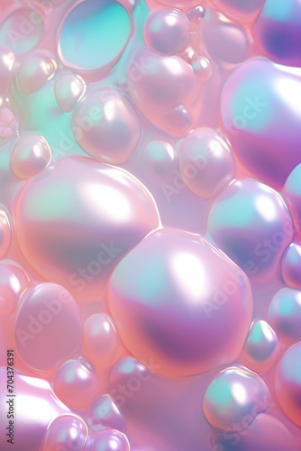 Colorful holographic bubble abstract background, pastel colors, smooth and shiny, flowing fabrics, light blue and pink. Festive backdrop for holiday or event