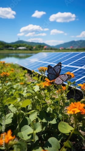 Butterfly on solar panel with flowers in foreground photo