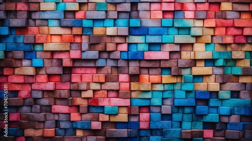 A section of a wall adorned with a mosaic of multicolored bricks  forming an abstract and visually intriguing textured background.