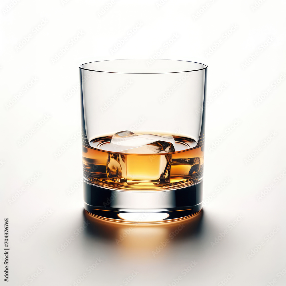 a whiskey glass filled with amber-colored whiskey, placed on a pure white background