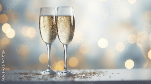 Two champagne glasses with golden sparkling bubbles, set against a dreamy bokeh light background for a festive celebration.